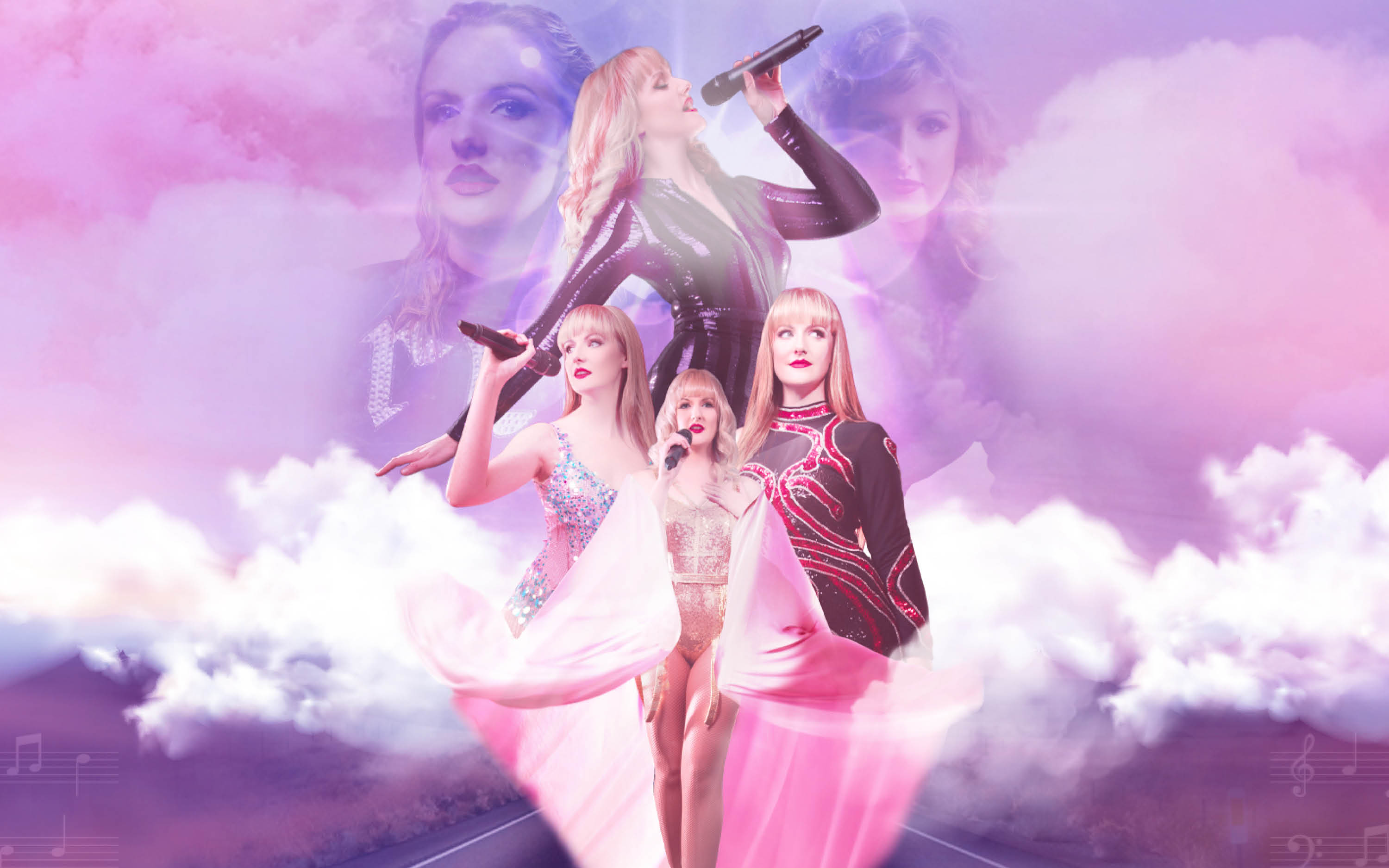 Three women sing into a microphone. There are graphics of clouds and ghosted images of their faces behind them.