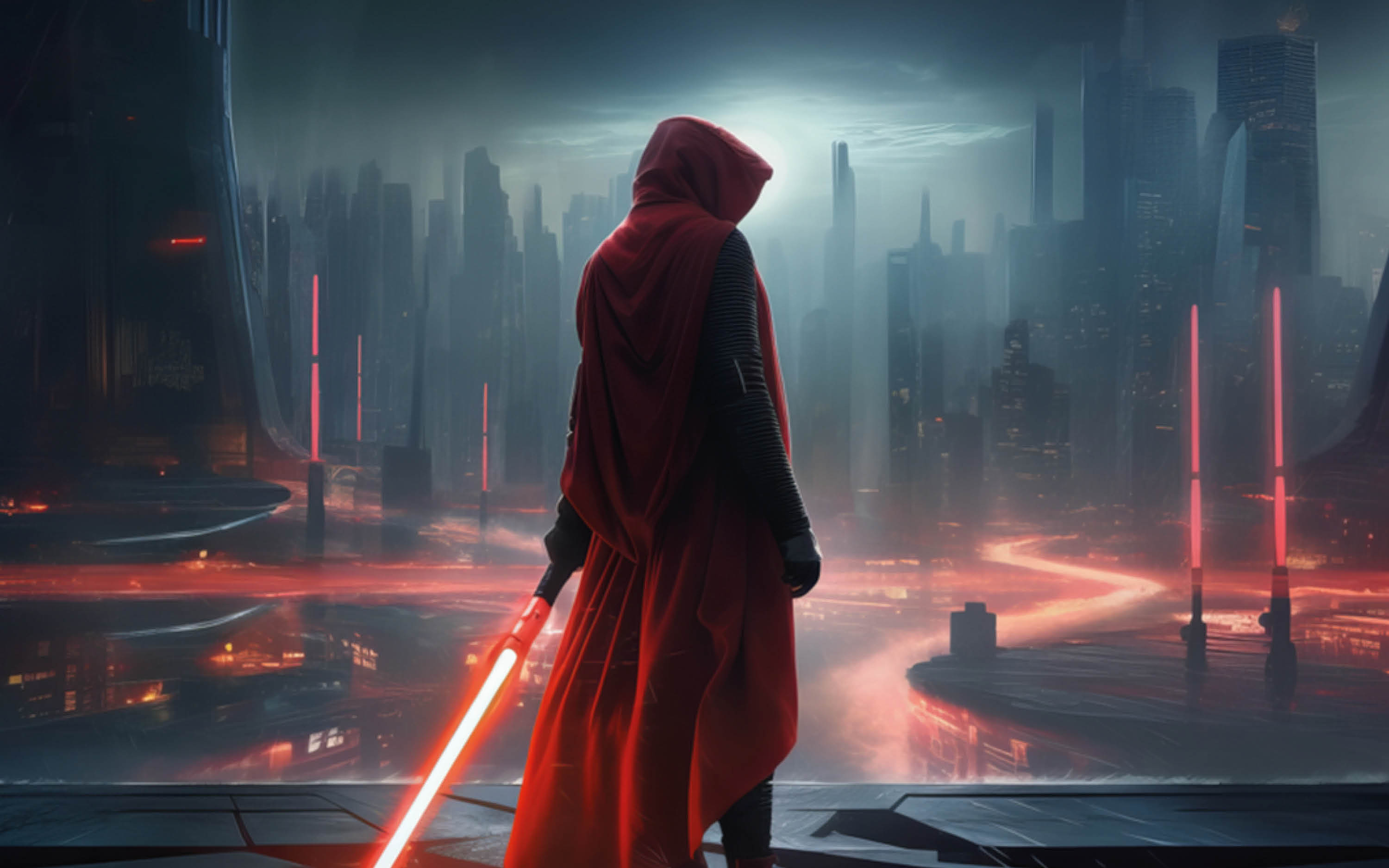 A Sith in a red hooded cloak holds a lightsaber.