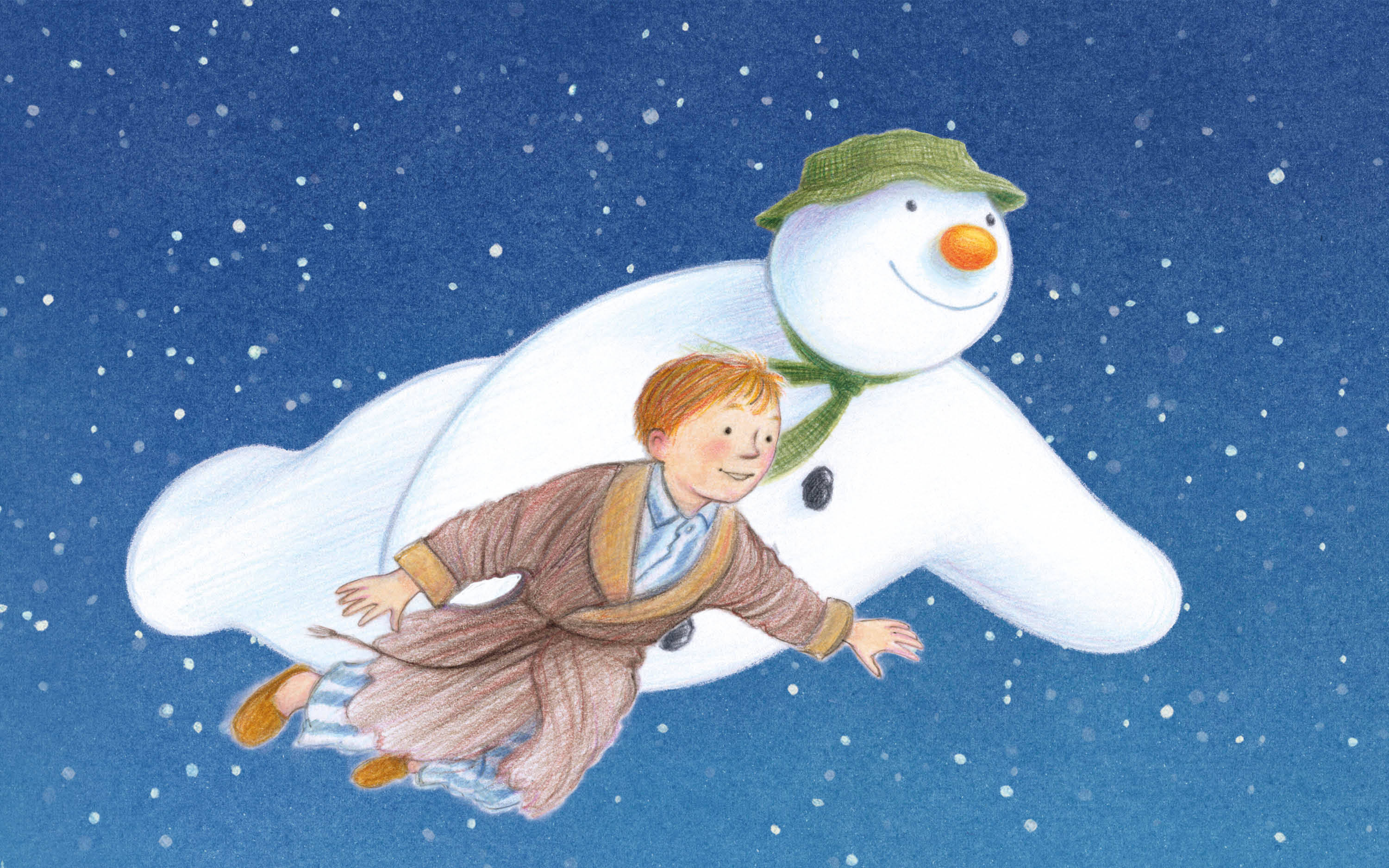 A still from an animation showing a child in a dressing gown flying through the night sky with a snowman.
