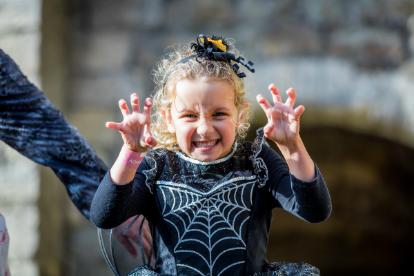 A young girl is dressed in a withes black dress with cobwebs on for Halloween.