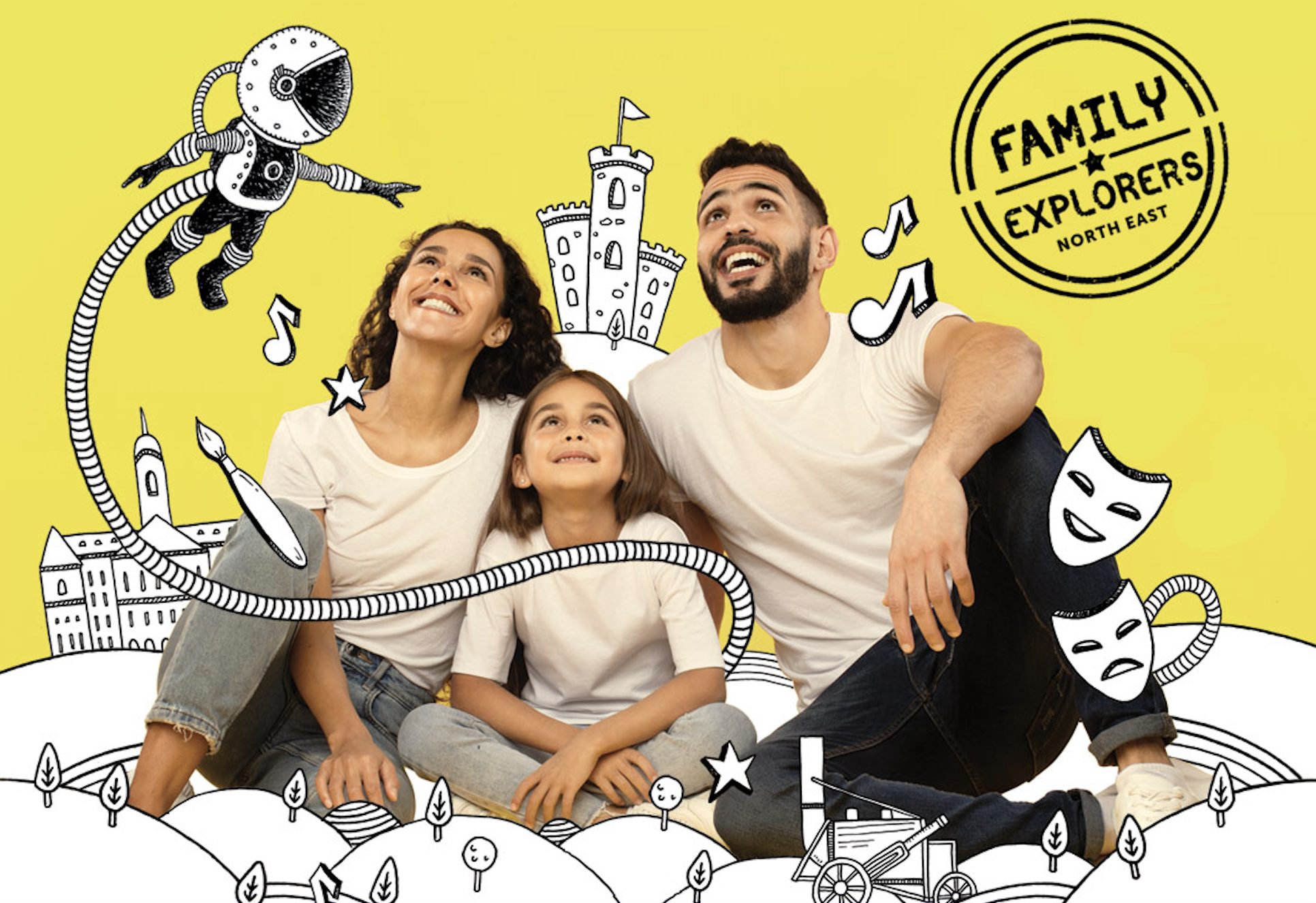 A family of 3 look up and smile as an astronaut flies past them. They are surrounded by illustrations representing music, theatre and heritage.