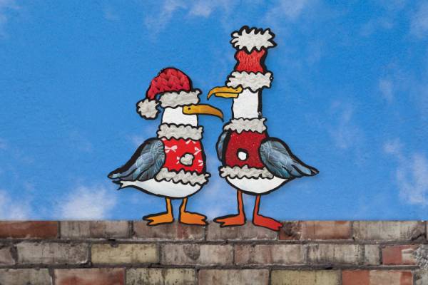 An illustration of two kittiwakes wearing Santa hats and scarfs.