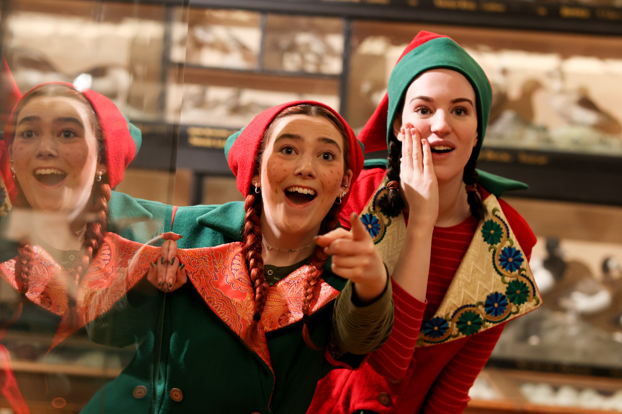 Two cheeky looking Christmas elves look around the corner of a cabinet in a museum. One is pointing and laughing at something.