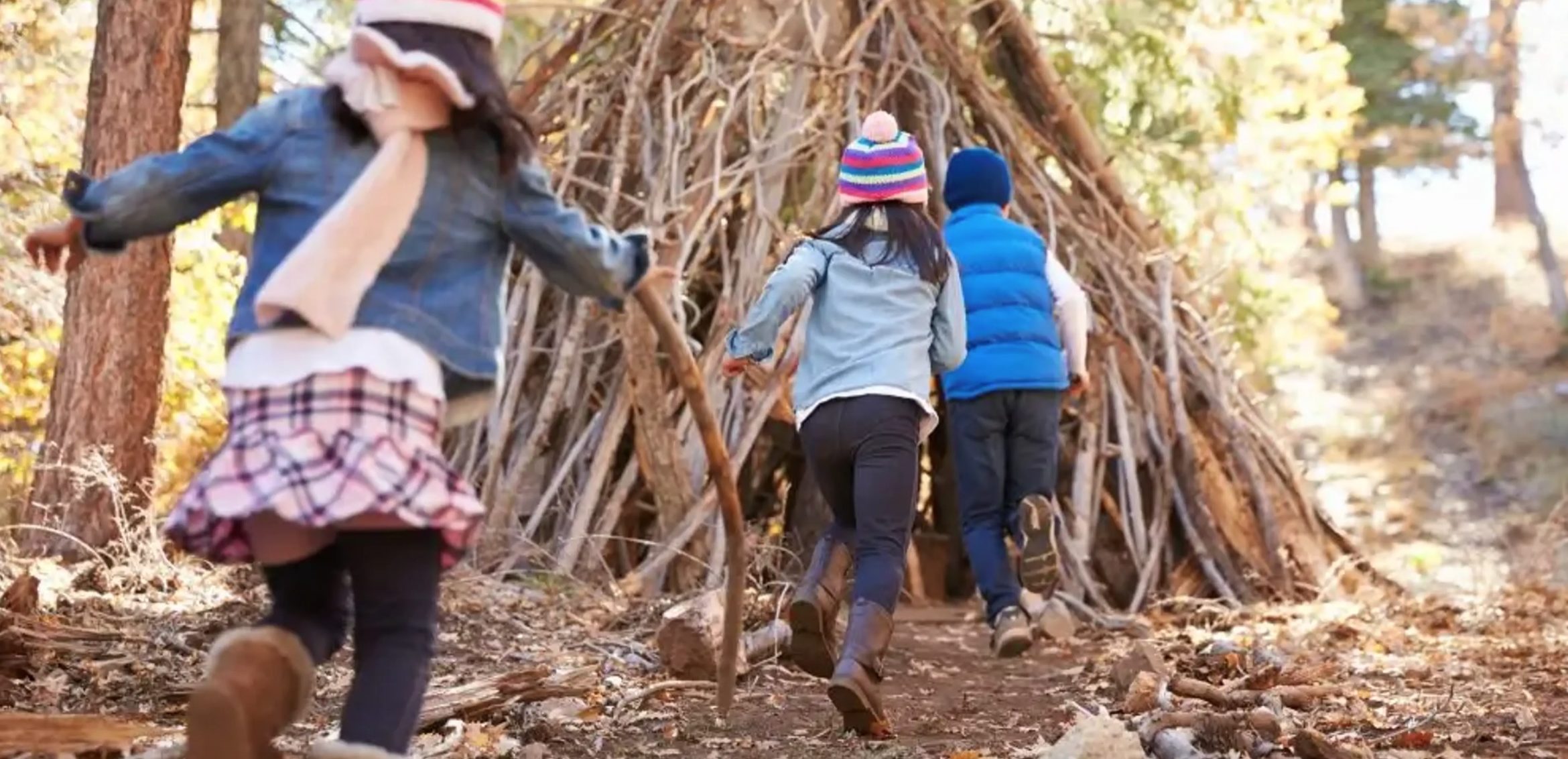 Children run into a den in a woodland area made wit large branches and sticks.