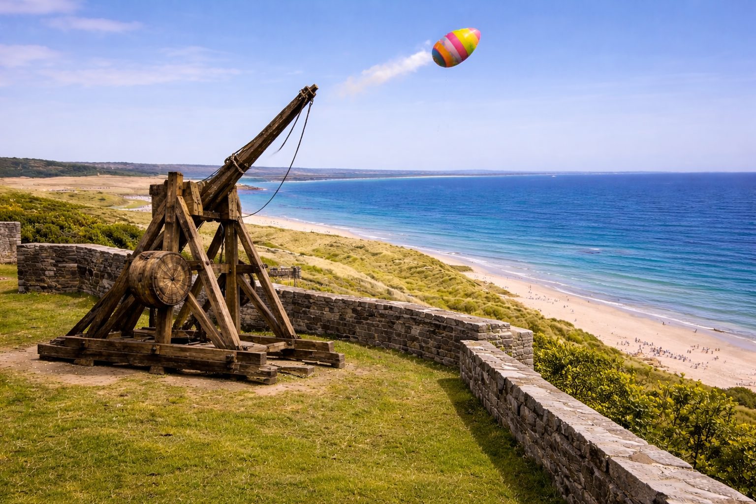 A colourful Easter egg is launched out of a cannon out from a hill looking out to see.