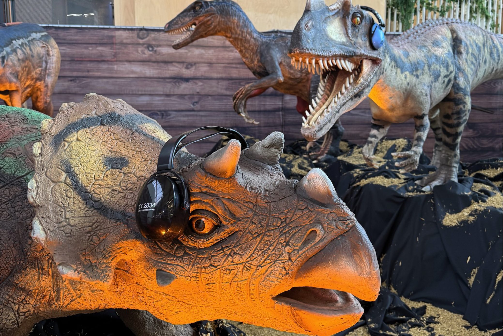 An animatronic dinosaur wearing headphones