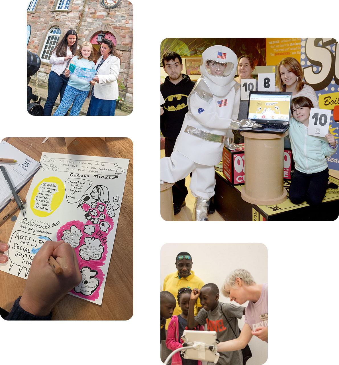 A collage of four images each showing families enjoying days out.