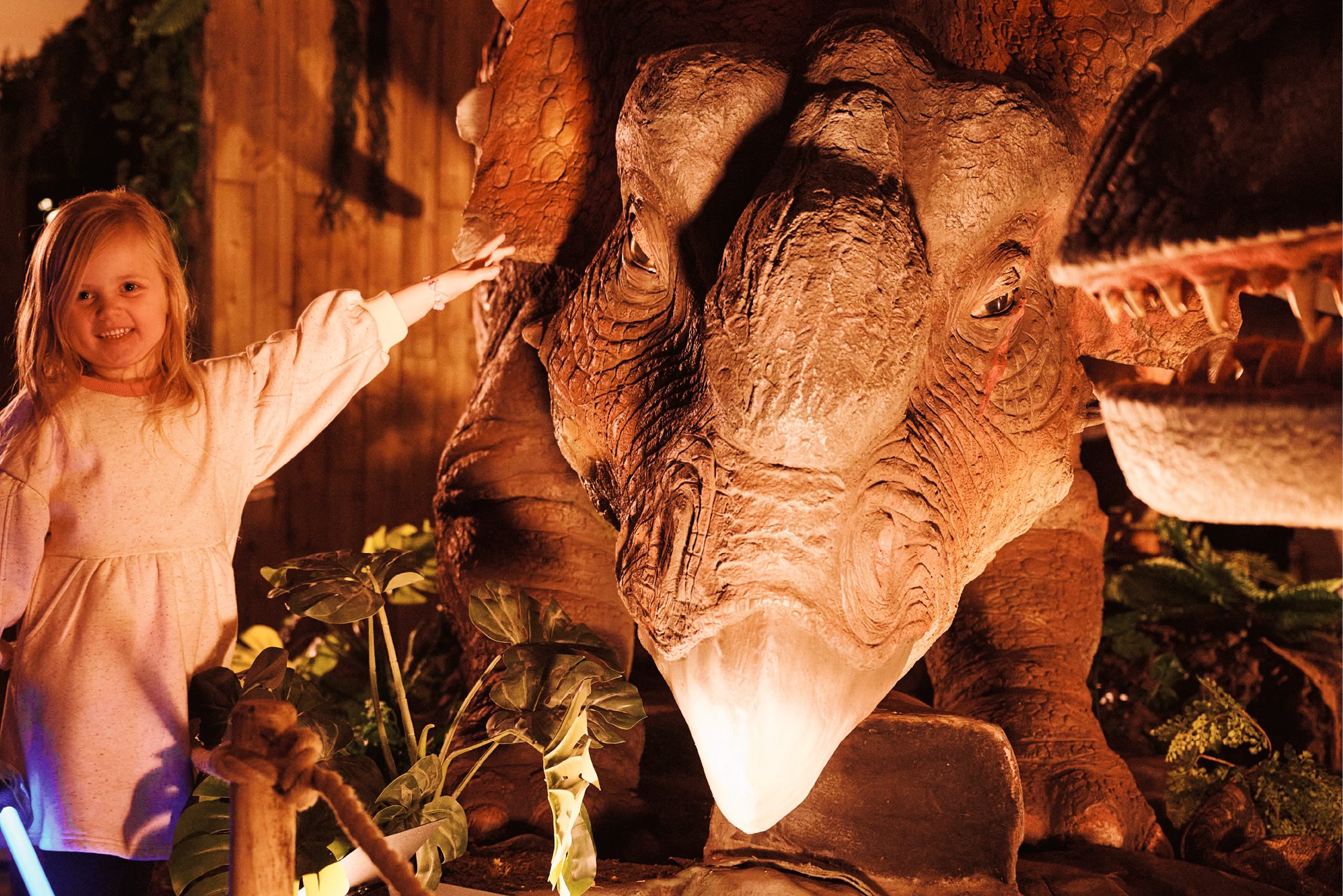 A close up of an animatronic triceratops