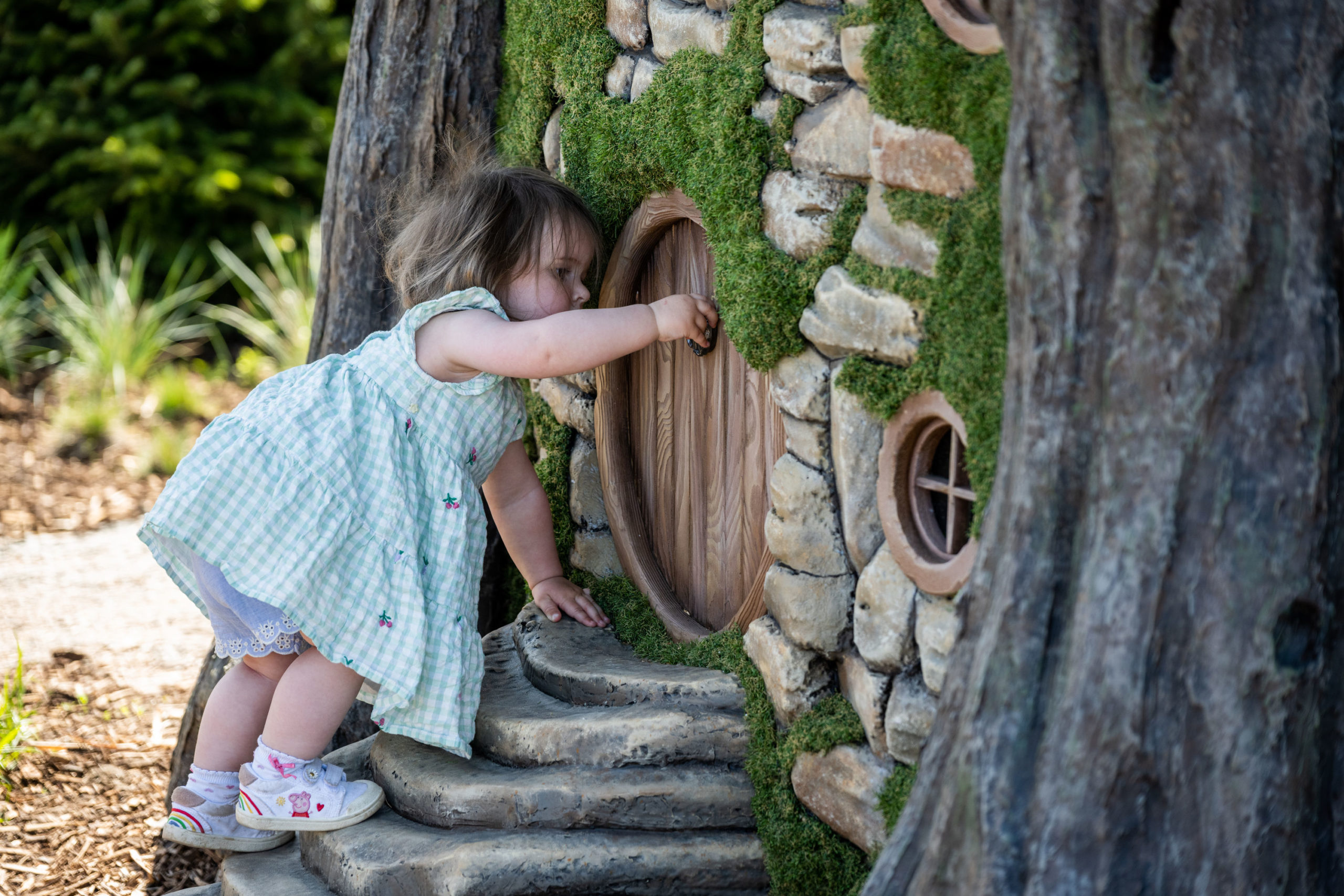 A young child knocks on the door of a house that is inside the trunk of a tree. It looks like a Hobbit house.