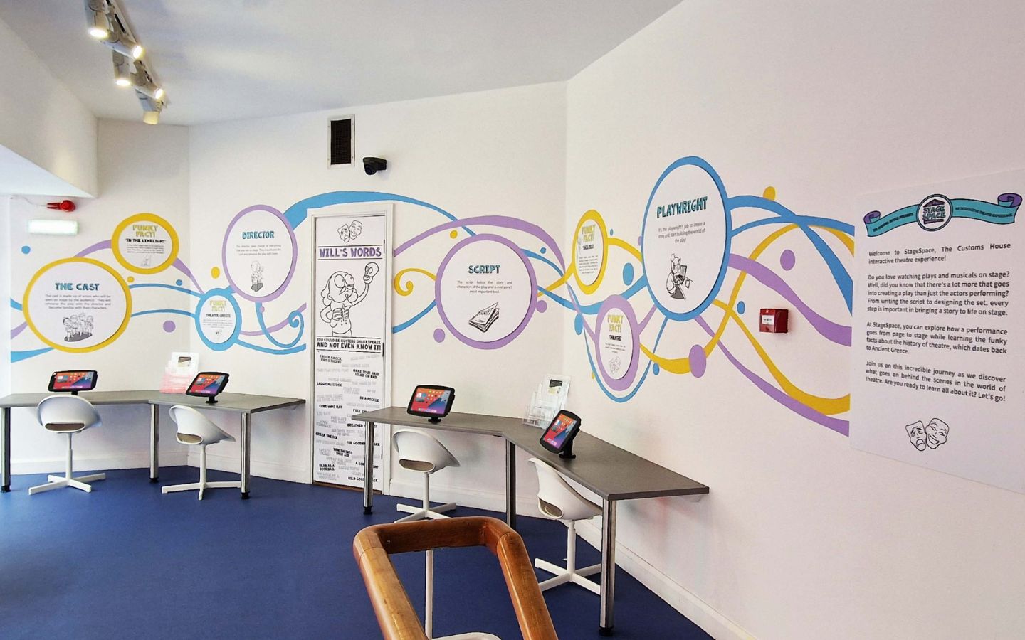 Part of a white room featuring a brightly coloured flow chart mural on the walls and work stations with computers on them.
